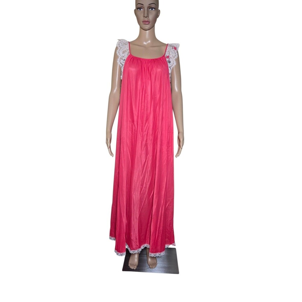 NWT Claire Sandra By Lucie Ann Vintage Neon Pink Lace Trim Chiffon Nightgown M